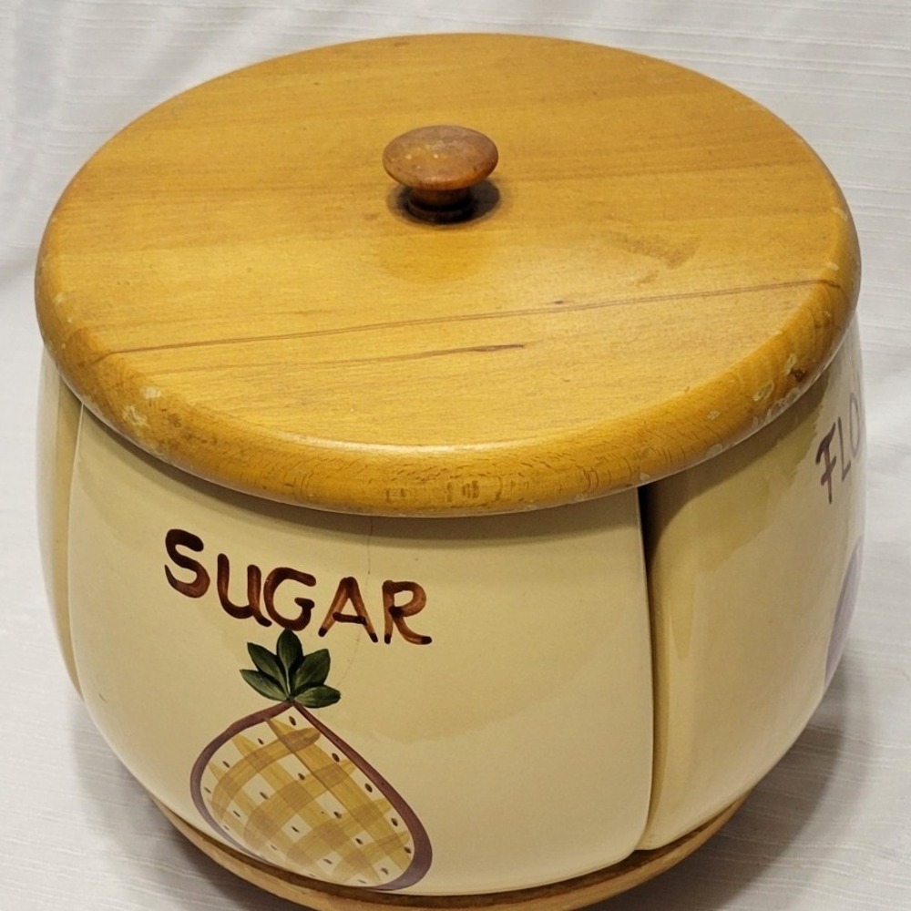 Vintage Ceramic Fruit Motif Wood lid 4 Piece Wedge Cannister set lazy susan